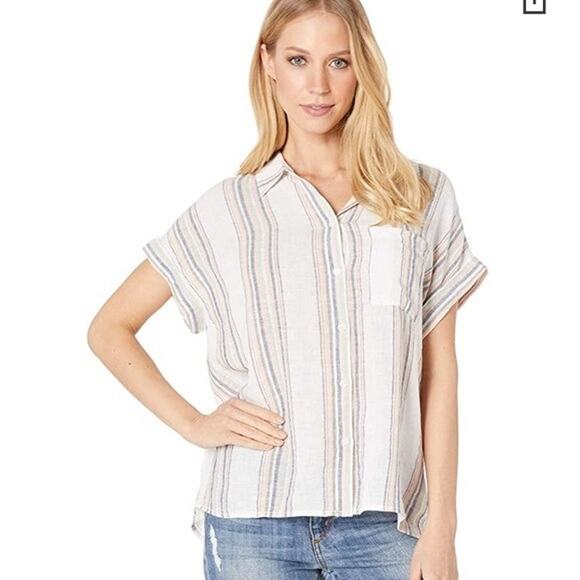[Sanctuary] White Striped Shimmer Thread Linen Blend Boyfriend Shirt Sz Medium M - Picture 11 of 11